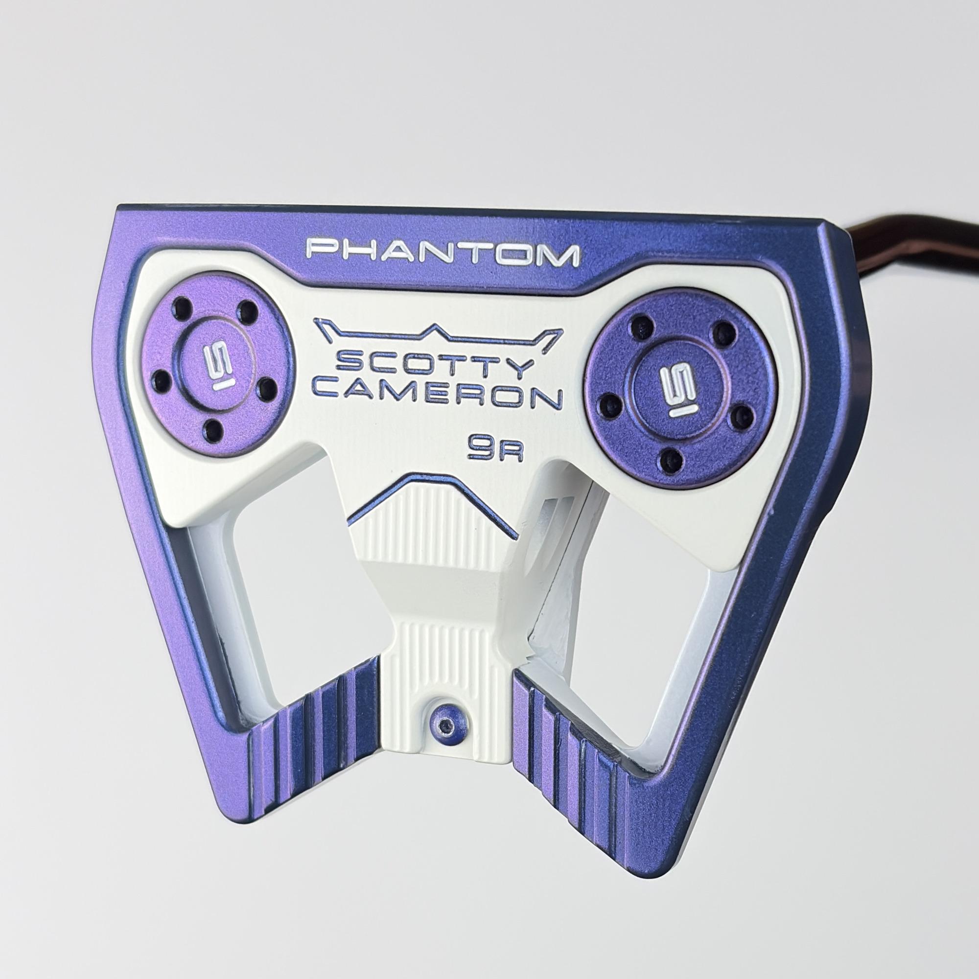 Sole of the custom painted Scotty Cameron Phantom 9R, a lavender purple sole plate stamped Phantom, Scotty Cameron and 9R, with white flange rails.