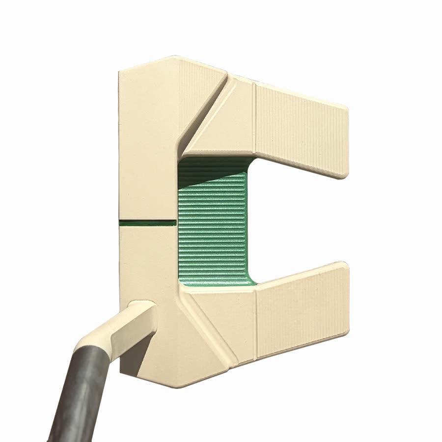 Custom art putter, a cream Phantom mallet with a mint green face insert.